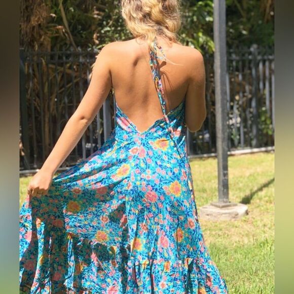 Boho Maxi Dress Blue Floral Flowy Halter Deep V Open Back Hi-Low Ruffle Gypsy - Picture 2 of 8